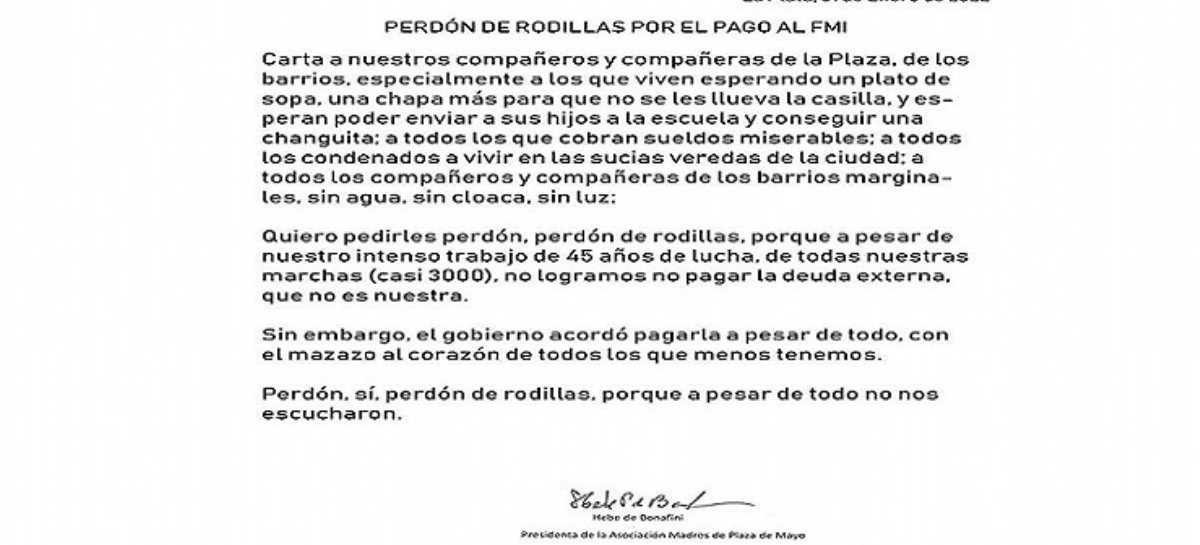 Como si fuera del Gobierno, Hebe de Bonafini pidió "perdón de rodillas" por el acuerdo con el FMI