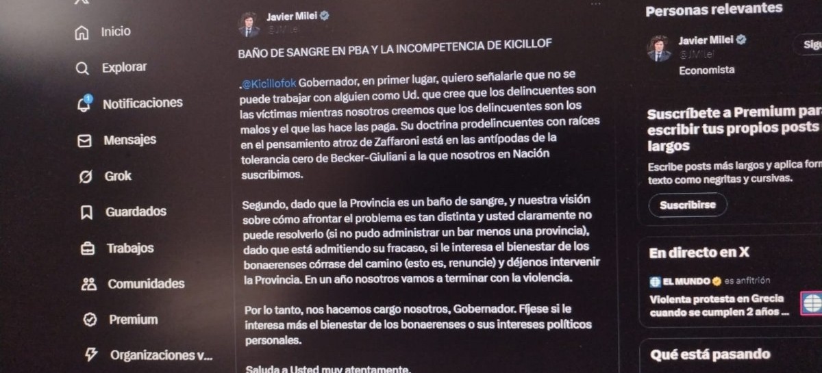 Milei duro con Kicillof: le pide que de un paso al costado e intervenir la provincia de Buenos Aires