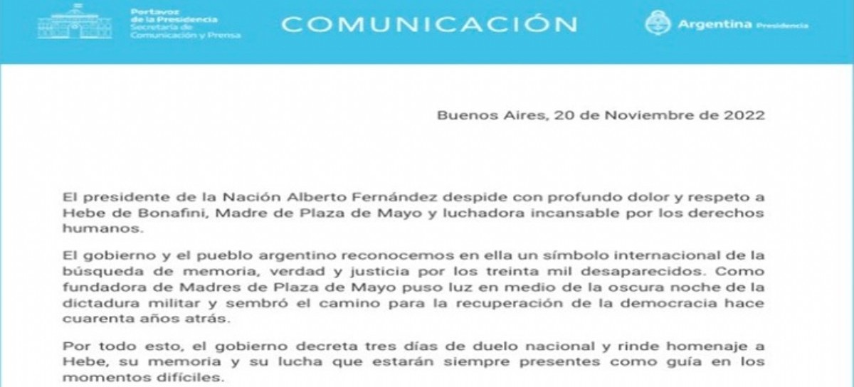 El Gobierno nacional decretó tres días de duelo por la muerte de Hebe de Bonafini