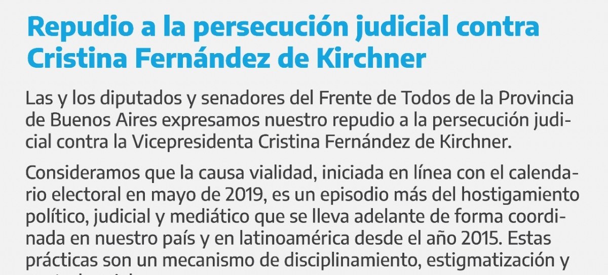 Fuerte respaldo de legisladoras y legisladores nacionales y bonaerenses a Cristina Kirchner