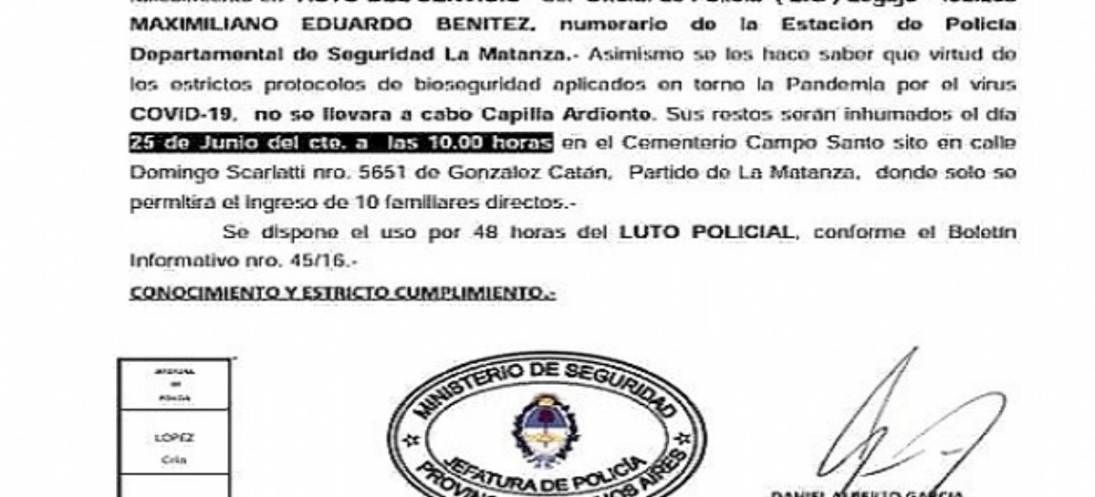 Luto Policial por 48 horas: murió por Coronavirus un oficial de La Matanza, el primero de la fuerza