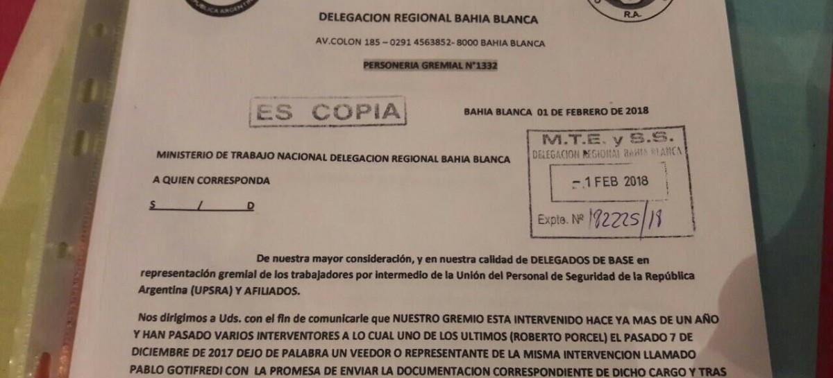 Bahía Blanca: Denuncian irregularidades en la intervención del Sindicato de Seguridad