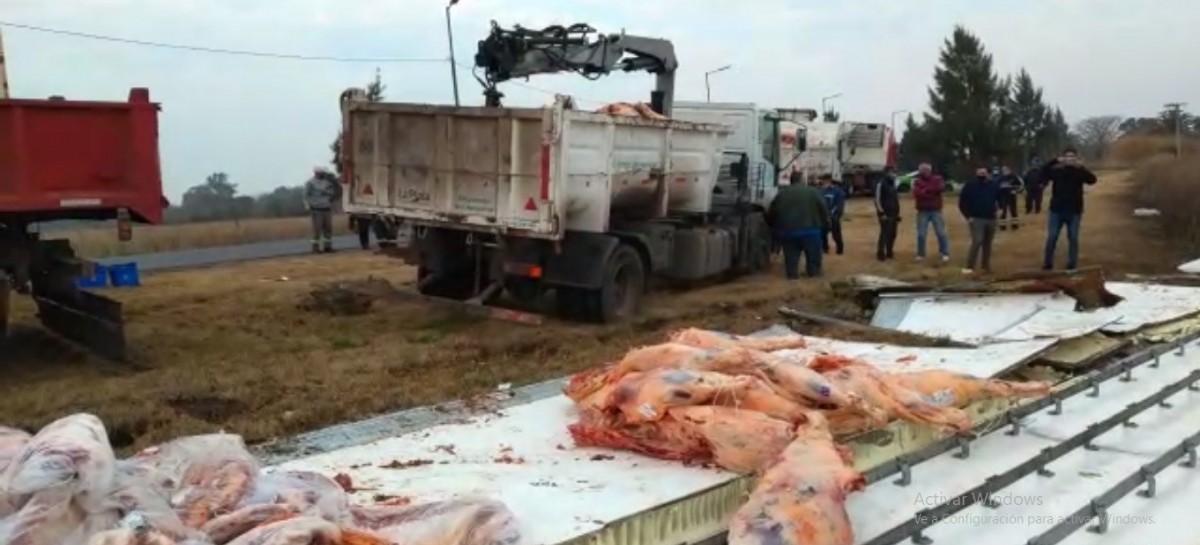 -VIDEO- La Plata: una grúa hizo que un camión frigorífico terminara volcando 17.000 Kg de carne