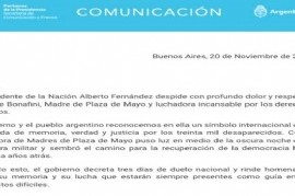 El Gobierno nacional decretó tres días de duelo por la muerte de Hebe de Bonafini