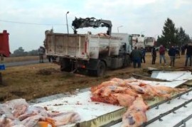 -VIDEO- La Plata: una grúa hizo que un camión frigorífico terminara volcando 17.000 Kg de carne